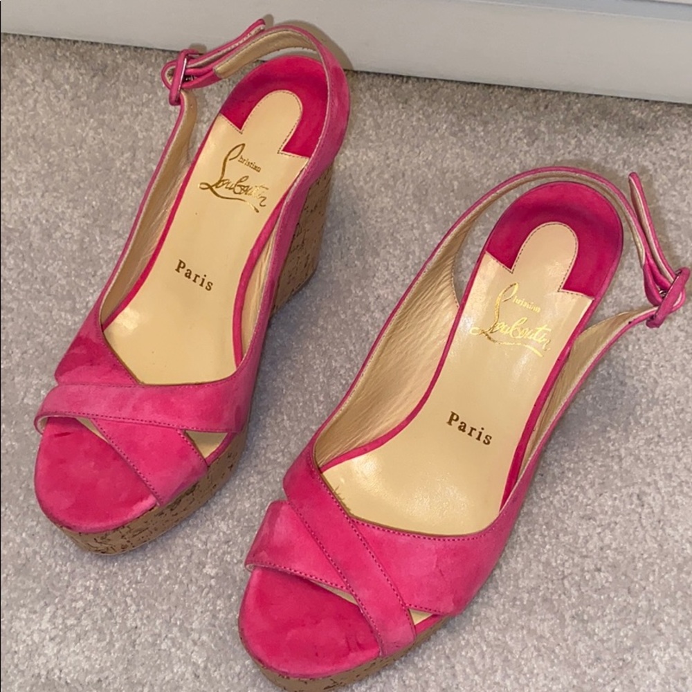 Christian Louboutin pink suede & cork wedges 38